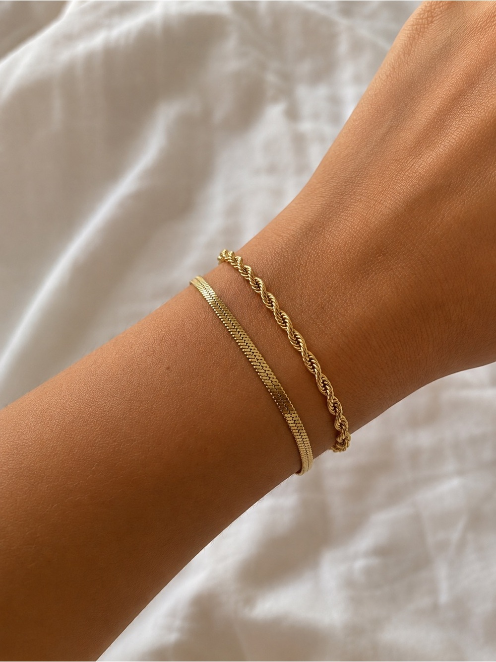 Gold Tone Bracelet Set | Herringbone & Twisted Rope Chains